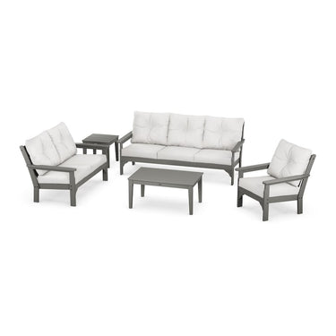 POLYWOOD Vineyard 5-Piece Deep Seating Set w/ Sofa - Slate Grey / Natural Linen